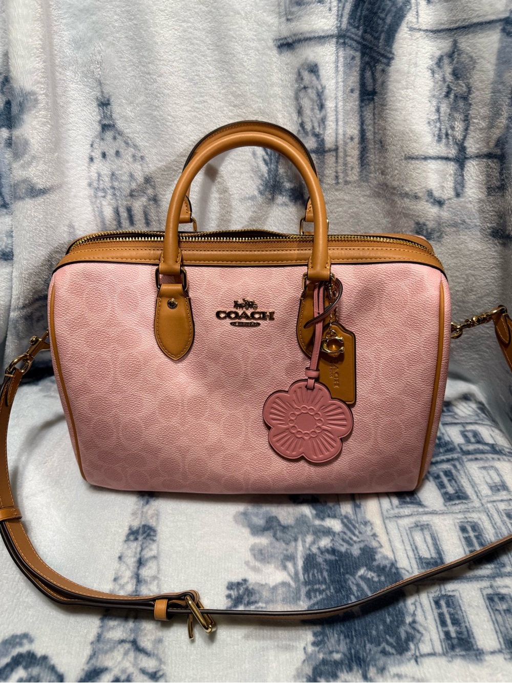 Coach 2026 Powder Pink Satchel with Tan Trim and Floral Charm